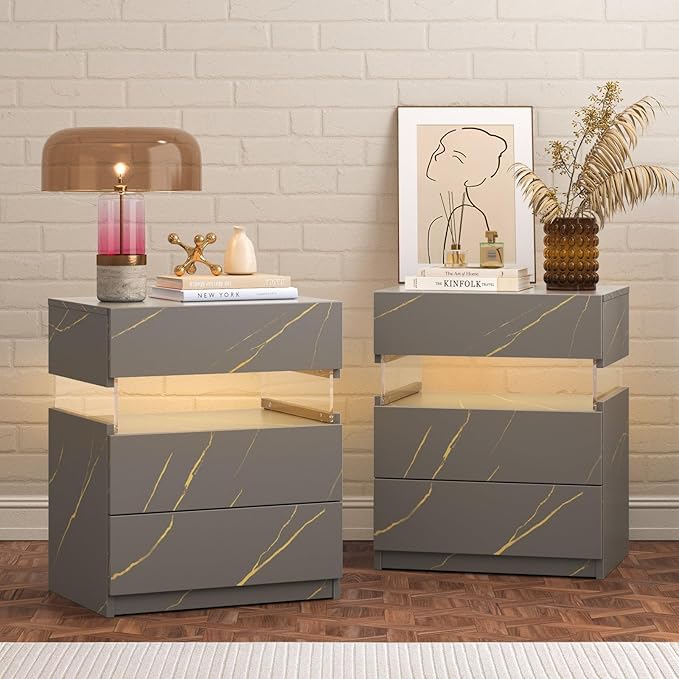 Bingoday Nightstands Set of 2 LED Bedside Tables with 3 Drawers LED Modern Night Stand with Acrylic Board for Bedroom Living Room