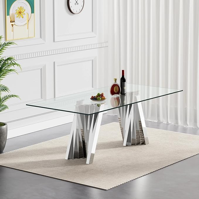 7 Piece Dining Table Set with 6 Beige Dining Chairs, Modern Glass Kitchen Table and Chairs Set for 6, 70" Rectangle Silver Glass Pedestal Dining Room Tables with Flash-Shape Stainless Steel Base