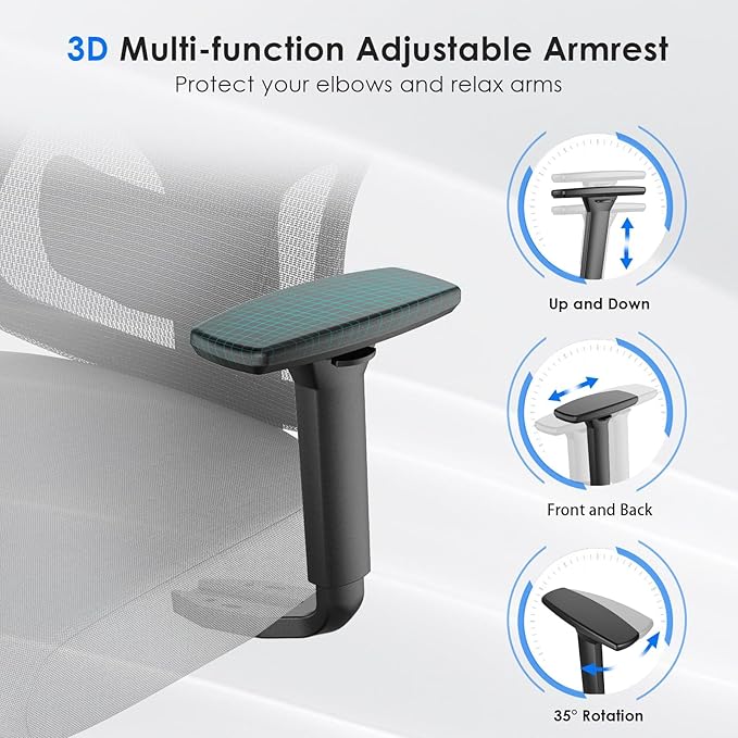 Soohow Ergonomic Office Chair,Mesh Desk Chair with Adjustable Lumbar Support and Headrest,Comfy Computer Chair with 3D Armrest Recling Swivel Chair for Home, Office, Study Room, Black & Grey