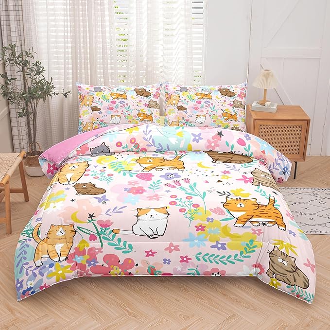 Tailor Shop Cat Comforter Sets King Size,Pink Cat Bedding Sets for Girls Kids Teens with 2 Pillowcase…
