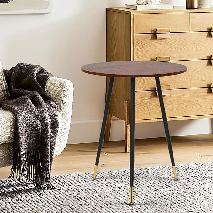 NOBPEINT Round Modern Wooden Side Table, 28 Inches End Table with 3 Metal Legs (Brown)