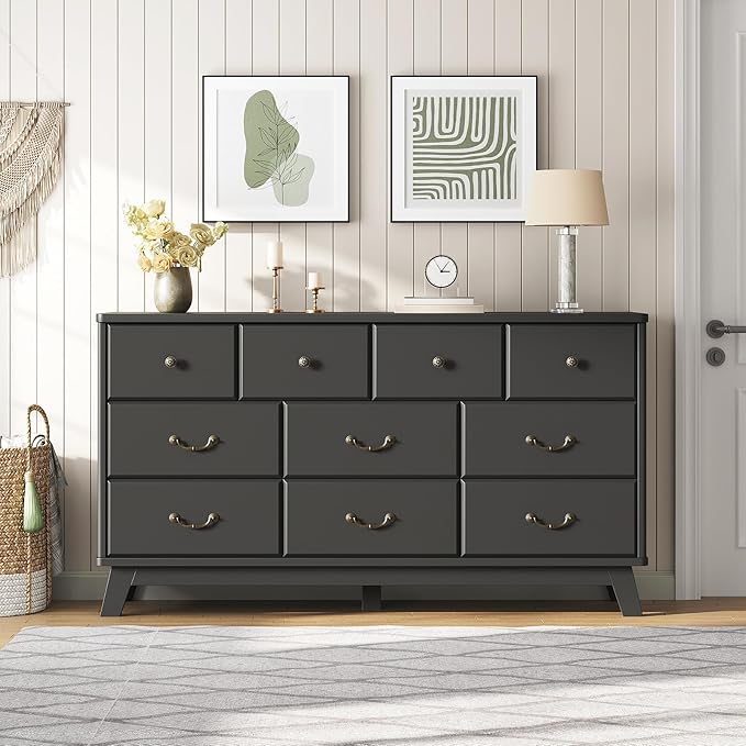 Black Dresser for Bedroom, Wooden 10 Drawer Dresser, 55.1" Wide Chest of Drawers with Vintage Metal Handle, Modern Dressers for Bedroom, Closet, Hallway, Living Room, Dressers TV Stand
