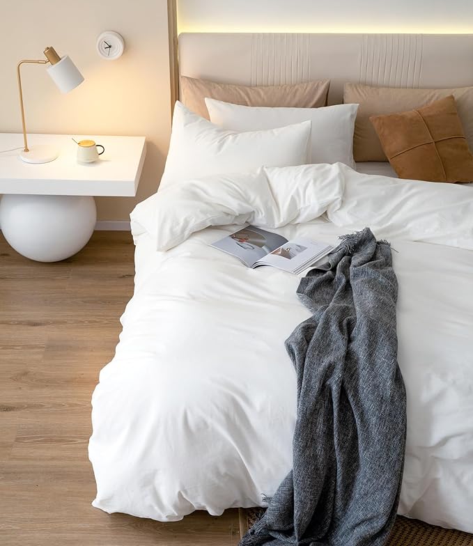JIYUAN 100% Washed Cotton Duvet Cover Set 3 Pieces Queen, 1 Duvet Cover 90x90 Inches(Comforter Not Included) and 2 Pillowcases,Linen Feel Bedding Set Comfy and Breathable,Bright White