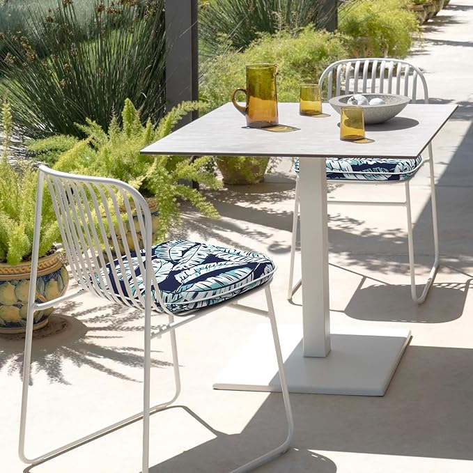 Set of 2 Outdoor Chair Cushions with Ties,Water Repellent Patio Chair Pads 17"x 16" for Outdoor Furniture,Round Corner Seat Cushions for Garden Yard Kitchen Baltic Palms White