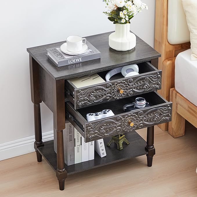 Nightstand, Farmhouse Bedside Table with 2 Drawers and Open Shelf, Wood Sofa Side Table End Table Accent Dresser for Bedroom, Living Room (with Shelf, Grey)
