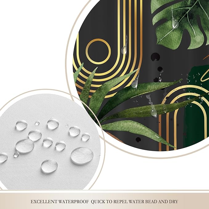 Glawry Dark Green Gold Boho Mid Century Shower Curtain Abstract Tropical Plant Minimalist Modern Geometric Palm Leaf Bathroom Simple 60Wx72L Inches Bath Accessories Art Home Decor Fabric 12 Pack Hooks