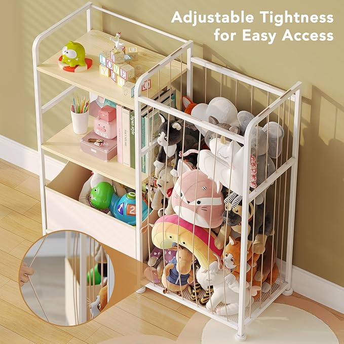 BBLIKE Stuffed Animal Storage - Stuffed Animal Net with Kids Bookshelf and Toy Organizer, 2-Tier White Bookshelf with Stuffed Animal Holder and Fabric Toy Chest for Kids Room, Playroom, Nursery, Beige
