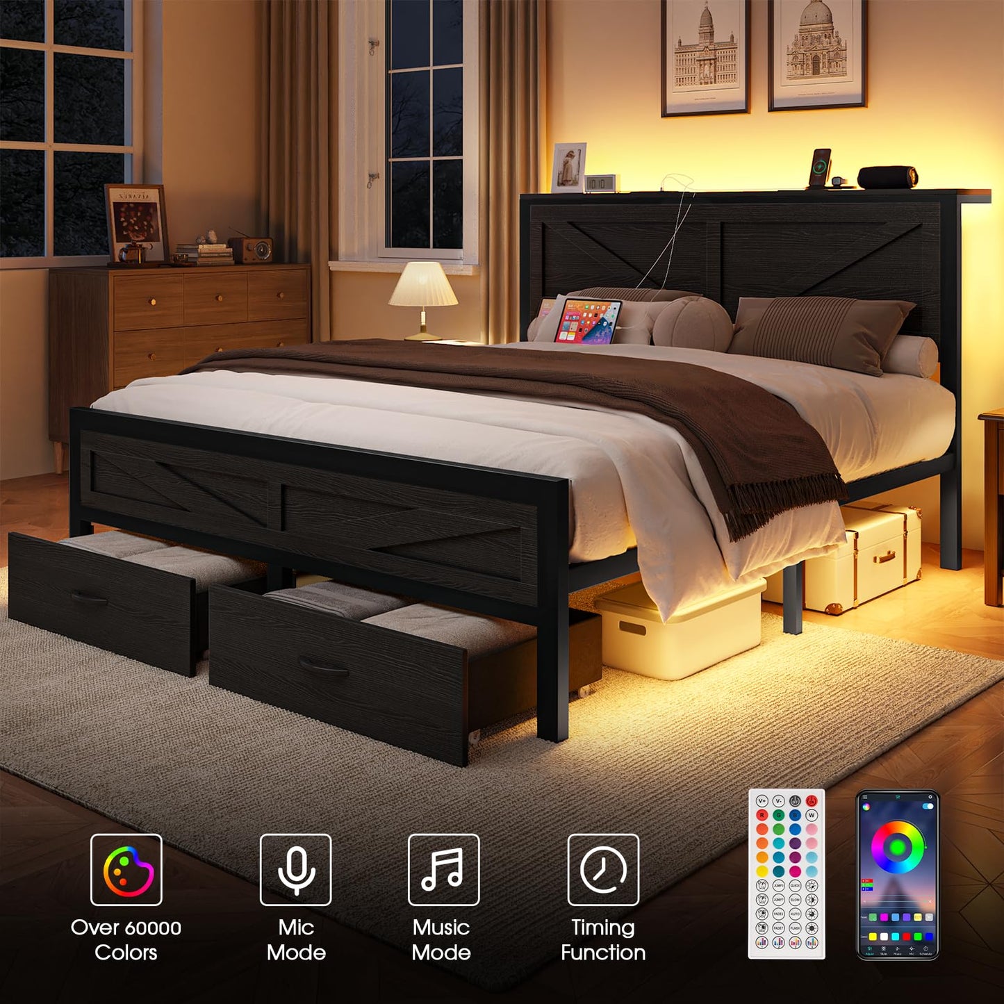 Siihnon Rustic Queen Bed Frame with Storage Drawers and Barn Door Headboard, Farmhouse LED Bed Frame Queen Size with Charging Station, Metal Industrial Platform Bed Frames, No Box Spring Needed, Black