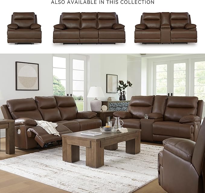 Signature Design by Ashley VonRyan Modern Leather Match Power Reclining Loveseat with USB Ports, Dark Brown