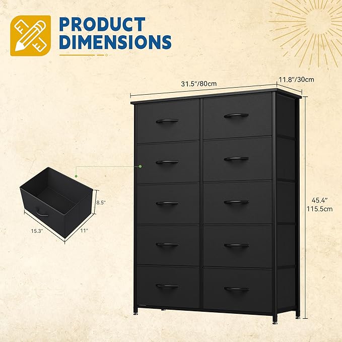 DWVO 10 Drawers Dresser, Fabric Dresser, Fabric Storage Tower, Organizer Unit for Bedroom, Living Room, Hallway, Closets
