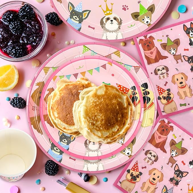 96pcs Kids Birthday Party Disposable Tableware Set Pink Pet Dog Pattern for 24 Guests Party Supplies Round Plates（Include Plates, Cups and Napkins）
