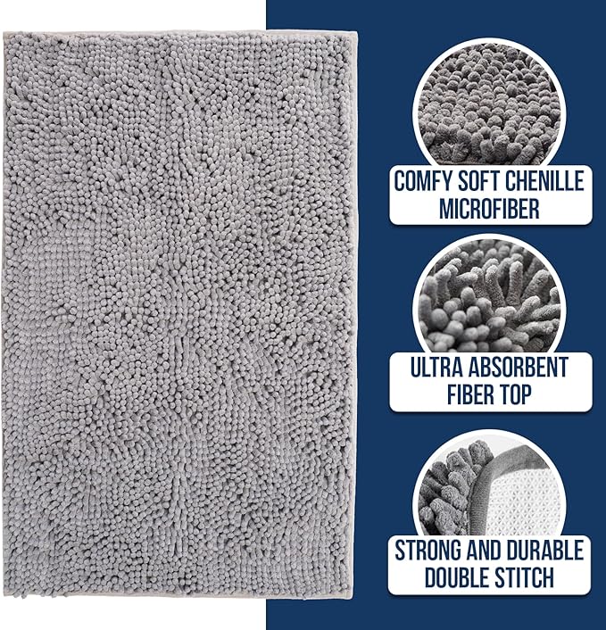 Muddy Mat Chenille Bathroom Rugs Quick Dry Microfiber Mats Non Slip Washable, Extra Thick, Soft and Highly Absorbent Bath Mats for Bathroom, Kitchen, and Shower Floor - Grey Large 35"X24"