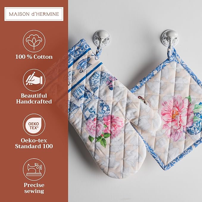 Maison d' Hermine 100% Cotton Oven Mitt & Pot Holder Set (7.5"x13" & 8"x8") Heat Resistant BBQ Cooking Gloves with Loop, Baking, Grilling, Kitchen, Handling Hot Pans Spring/Summer (Canton)
