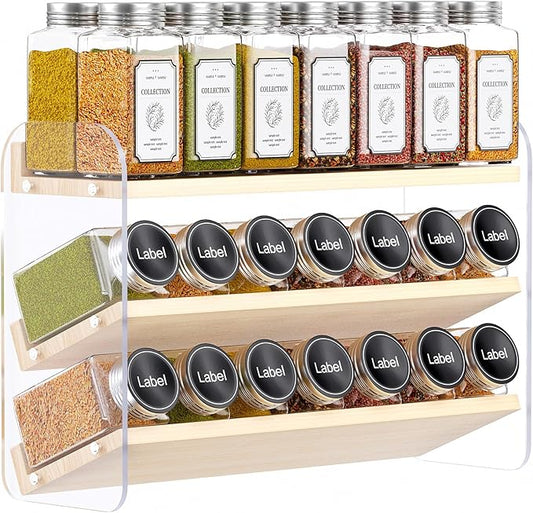 MUDEELA Clear Spice Rack Organizer for Cabinet, 3 Tiered Vertical Spice Shelf, Wooden Material, Seasoning Organizer for Countertop, Kitchen, Pantry, Freestanding, 13.3" W × 11.2" H (No Jars Included)