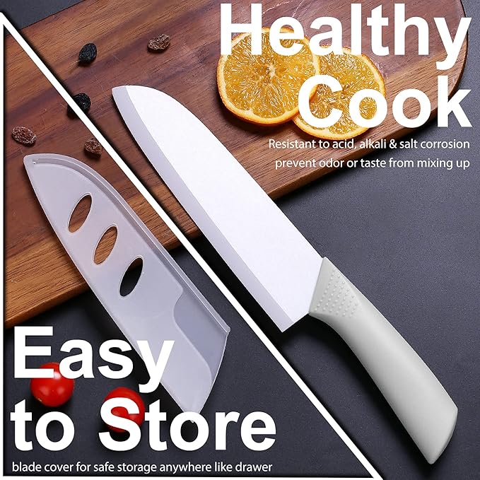 Ceramic Knife - 7 inch Chef's Santoku Knife - Sharp Ceramic Kitchen Knife with Sheath Cover