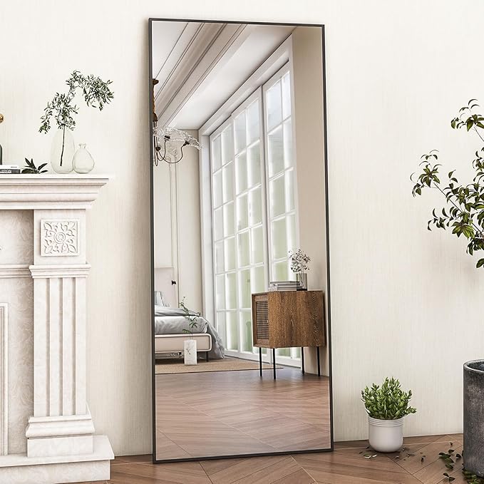 HARRITPURE 21"x56" Full Length Mirror Floor Rectangle Mirrors Aluminum Frame Standing Wall & Leaning Large Dressing Mirror for Living Room Bedroom Cloakroom,Black