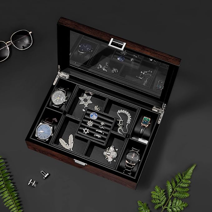 BEWISHOME Jewelry Box for Men, Mens Jewelry Box with Glass Top, Wooden Watch Box Organizer with Smooth Faux Leather Interior, Jewelry Display Case for Earrings Rings Bracelets Watches, Brown SSH07Y