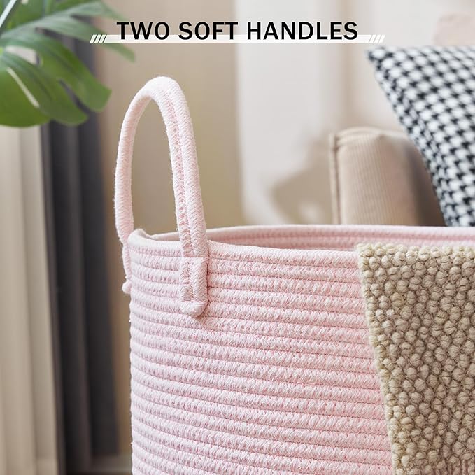 Woven Rope Laundry Hamper, 58L Tall Luandry Basket, Baby Nursery Hamper for Blanket Storage in Bedroom-Large-Pink