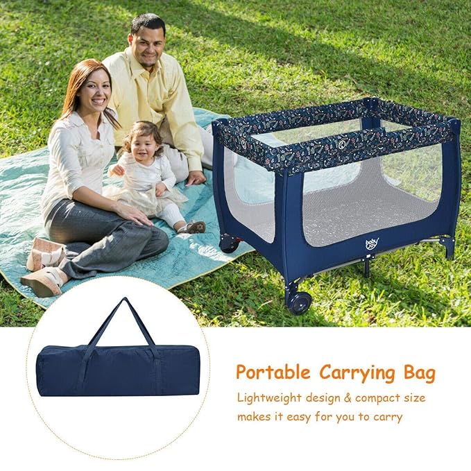 BABY JOY Portable Playard with Bassinet, Double Layer Foldable Baby Playpen with Breathable Mattress, Lightweight Easy Set up Baby Crib with Carry Bag, Foldable Travel Crib from Newborn to Toddlers