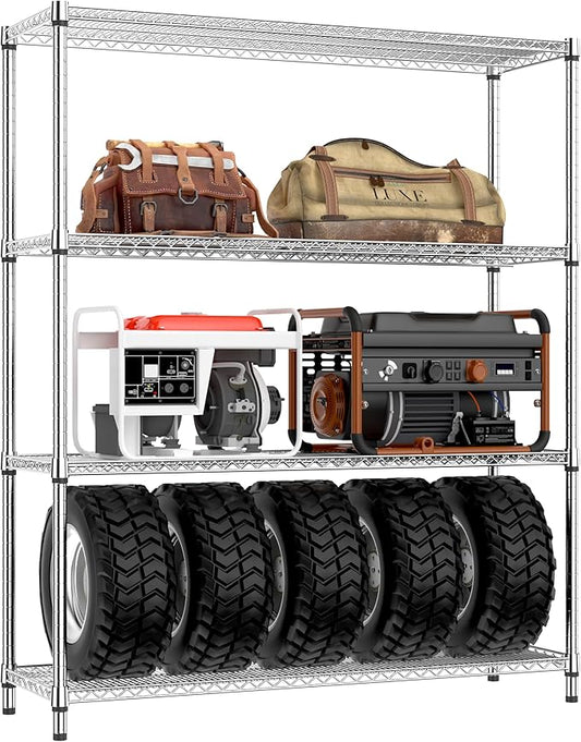 IZEUK 2640 LBS Garage Shelving Wide Storage Shelves 4 Tier Metal Shelves Heavy Duty Adjustable Utility Shelf Rack Chrome 17.7" D x 59.1" W x 70.4" H