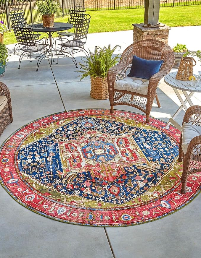 Unique Loom Outdoor Traditional Collection Area Rug - Limon (10' Round Multi/Red)