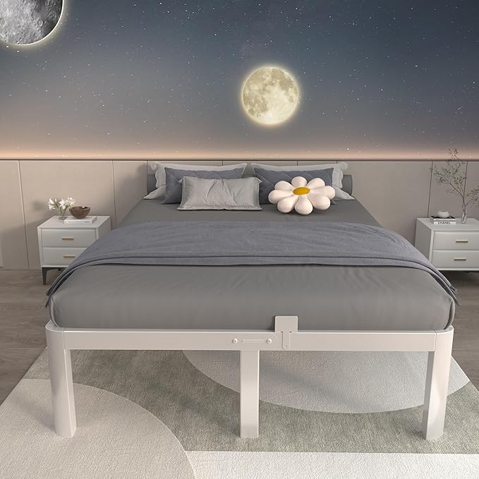ITIMIDI 14 Inch White Queen Bed Frame with Round Corner Legs, Metal White Queen Platform Bed Frames, Storage Space, No Box Spring Needed, Heavy Duty Steel Support 3500 LBS, Noiseless, Easy Assembly
