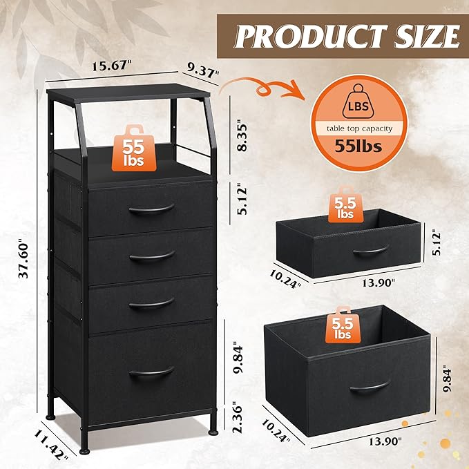 WLIVE Tall Nightstand with 4 Fabric Drawers & Open Shelf, Bedside Table for Bedroom, Modern Tall Dresser, Classic Black