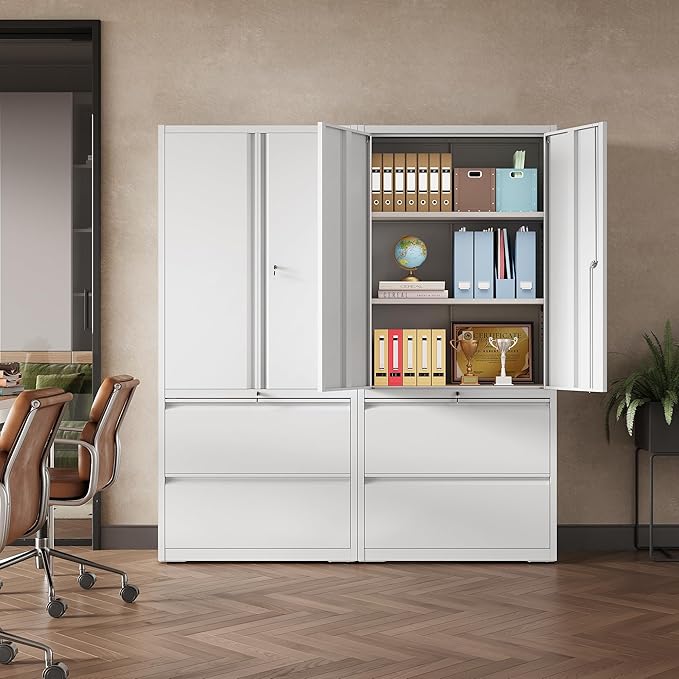 DEVAISE Metal Storage Cabinets for Home Office, 2 Drawers Lateral File Cabinets and Doors, 71" Filing Cabinet with Lock and Adjustable Shelves, White