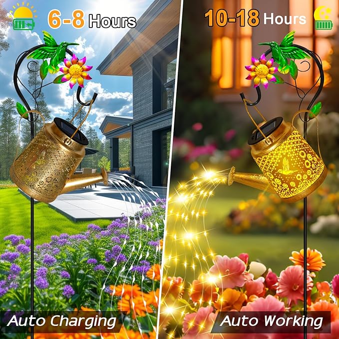 Hummingbird Solar Watering Can Lights, Outdoor Waterproof Garden Lanterns with Shepherd Hook, Solar Garden Decor for Yard Outdoor Landscape Pathway Porch Patio, Gift for Women Mom Grandma, 2 Pack
