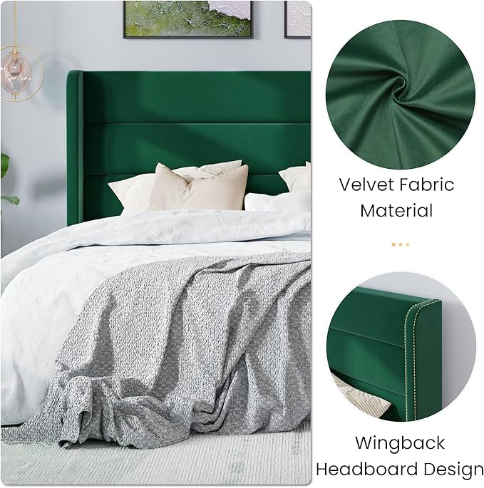 SHA CERLIN Queen Size Velvet Bed Frame/Vertical Channel Tufted Wingback Headboard/Upholstered Platform Bed with Wooden Slats/Mattress Foundation/No Box Spring Needed/Easy Assembly/Green