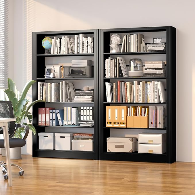 5-Tier Industrial Bookshelf, White Bookcases and Bookshelves,Tall Bookshelf Storage Organizer,Freestanding for Living Room, Bedroom,Home Office,Meta,Black