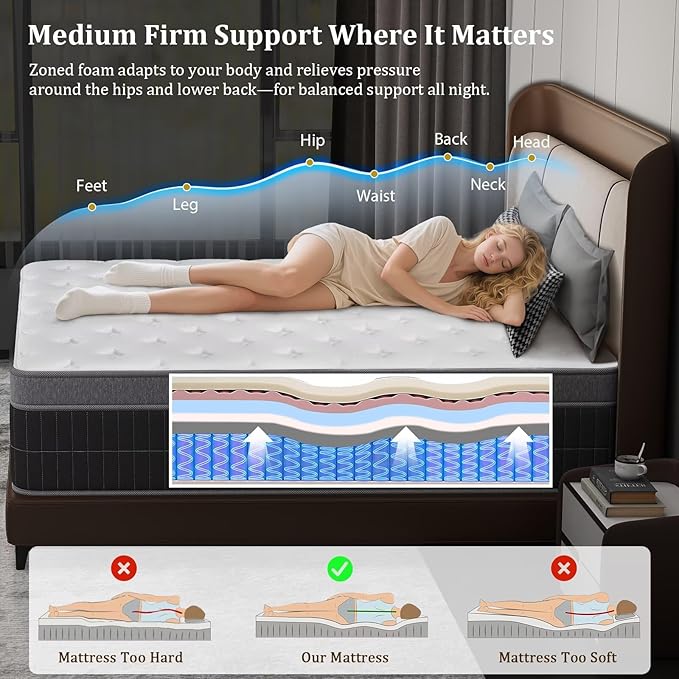 Full Size Mattress in a Box 14 Inch Memory Foam Hybrid Mattress with Pocketed Springs Medium Firm Support Motion Isolation Edge Support 180 Night Trial