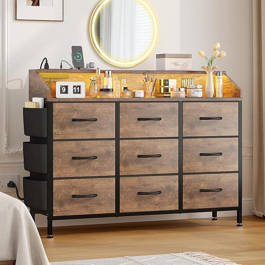 Lulive Brown Dresser for Bedroom 9 Drawers - Fabric Dressers for Bedroom with LED Light & Charging Station