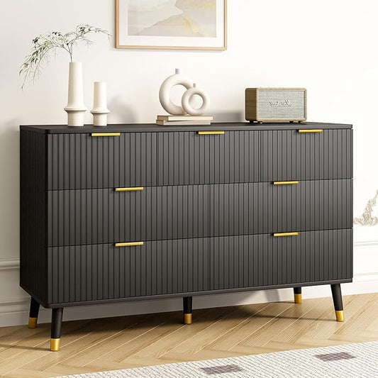 Black Dresser for Bedroom, Fluted 7 Drawer Dresser with Gold Metal Handles, Modern Wood Chest of Drawers for Living Room, Black