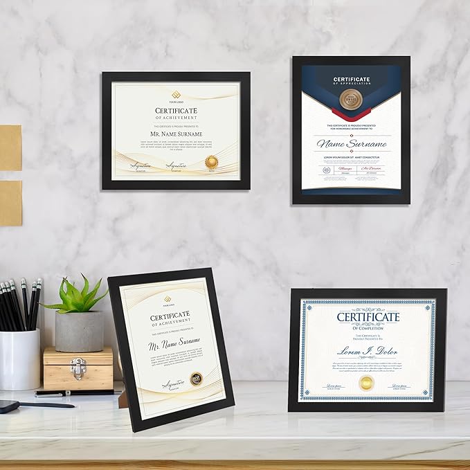8.5x11 Picture Frame set of 8, Multi Certificate 8.5 by 11 Picture Frames Bulk, Document Diploma Award Frame for Wall Hanging or Tabletop Display, Black