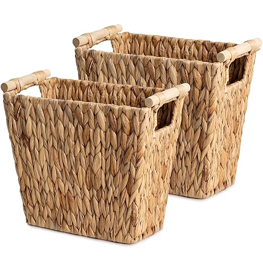 StorageWorks Wicker Waste Baskets, Water Hyacinth Waste Paper Baskets with Wooden Handles, Handwoven Trash Cans for Bathroom, Bedroom, Office, 2 Pack,12 Liter