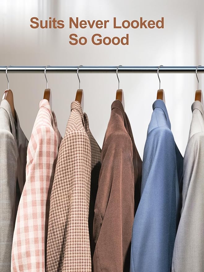 HOUSE DAY Wood Suit Hangers for Men, Smooth Wide Shoulder Wooden Hanger with Non Slip Pant Holder, Wide Hangers for Suits, Coats, Jackets, Heavy Wide Clothes Hanger 2 Pack, Walnut