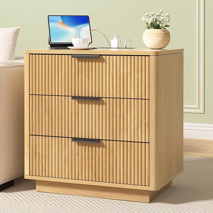 HOMMPA 24'' Fluted Nightstand with Charging Station, Modern Bedside Table with Storage, 3 Drawer End Table with Metal Handle, Wooden Bedside End Table for Bedroom, Living Room, Curved Profile Design