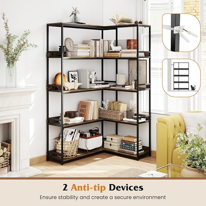 Tangkula Large Corner Bookshelf, 90 Degrees 5-Tier Industrial Wood Open Corner Bookcase for Small Spaces, Heavy-Duty Metal Frame, 71”H L-Shaped Storage Display Rack for Living Room (Rustic Brown)