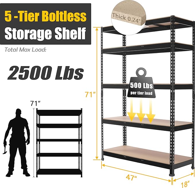 PrimeZone 48" W x 18" D x 72" H Garage Shelving Heavy Duty - Adjustable Metal Storage Shelves, 5 Tier Industrial Shelving Unit, Utility Shelf Rack for Basement, Warehouse, Pantry, Closet, Black, 4Pack