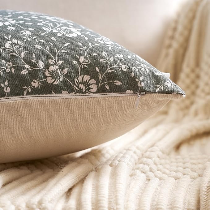 Alerfa Set of 2 Floral Pillow Covers 18x18, Vintage Block Print Throw Pillow Covers Decorative Farmhouse Accent Couch Pillows for Living Room Bedroom, Dark Olive-Green