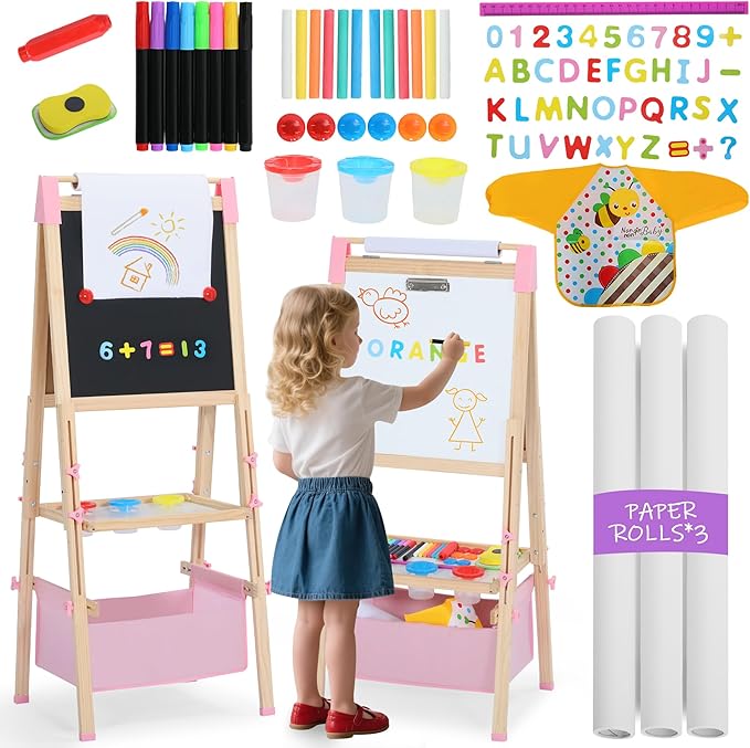 Kinder King Wooden Kids Easel, 3 in 1 Adjustable Art Easel for Kids, Double-Sided Magnetic Whiteboard & Chalkboard, Paper Roller, Art Supplies, Coloring Drawing Easel Toddler Gift Ages 3+, Pink