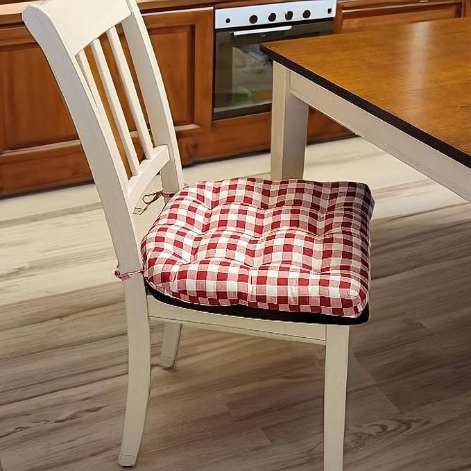 Barnett Home Decor Dining Chair Cushions with Ties - Size Medium 16.5x18, Latex Foam Fill, 100% Cotton, Machine Washable Chair Pads for Kitchen, Made in USA (Farmhouse Check Black & White/Pack of 2)