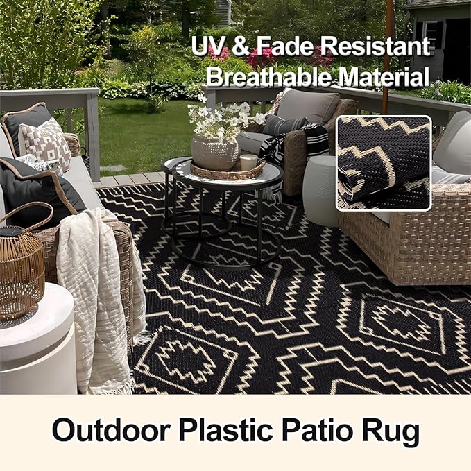 Wonnitar Outdoor Rug for Patio Clearance, 5x8 Waterproof Reversible Plastic Straw Rug, Moroccan Outside RV Area Rug for Camping, Outdoor Portable Mat for Deck Balcony Porch (Black & Beige,5'x8')