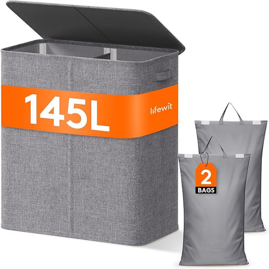 Lifewit Double Laundry Hamper with Lid and Removable Laundry Bags, Large Collapsible 3 Dividers Dirty Clothes Basket with Handles for Bedroom, Laundry Room, Closet, Bathroom, College, 145L Light Gray
