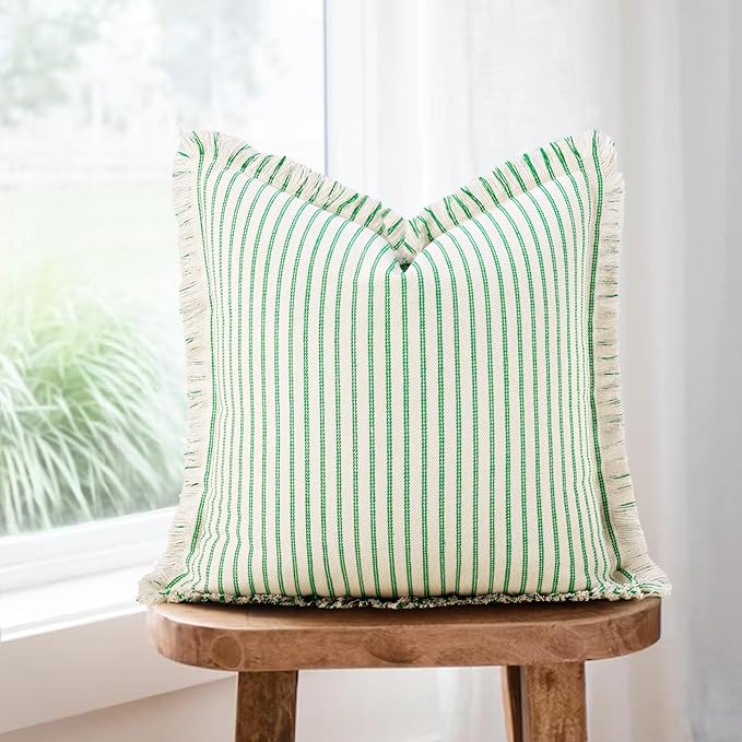 ZWJD Throw Pillow Covers 24x24 Set of 2 Green Striped Pillow Covers with Fringe Chic Cotton Decorative Pillows Square Cushion Covers for Sofa Couch Bed Living Room Farmhouse Home Decor