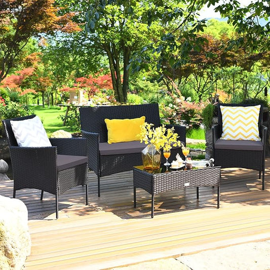Tangkula 4 Pieces Patio Rattan Conversation Set, Outdoor Wicker Furniture Set with Tempered Glass Coffee Table &Thick Cushion, Rattan Chair Wicker Set for Garden, Lawn, Poolside and Backyard