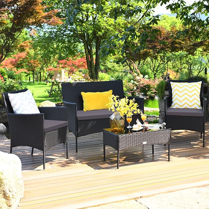 Tangkula 4 Pieces Patio Furniture Set, Outdoor Wicker Conversation Set with Tempered Glass Tabletop, Rattan Sofa and Chairs Set with Off White & Grey Cushion Covers