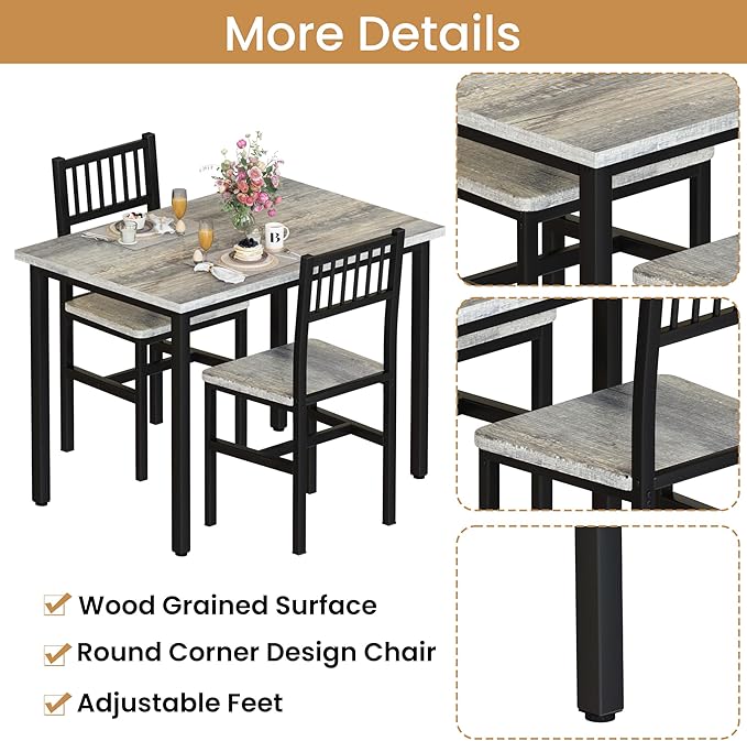 Lamerge Small Kitchen Table Set for 2, Industrial Dining Table and 2 Chairs, 3 Pieces Dining Table Set for 2 Dinner Table Set for Small Space, Apartment,Grey