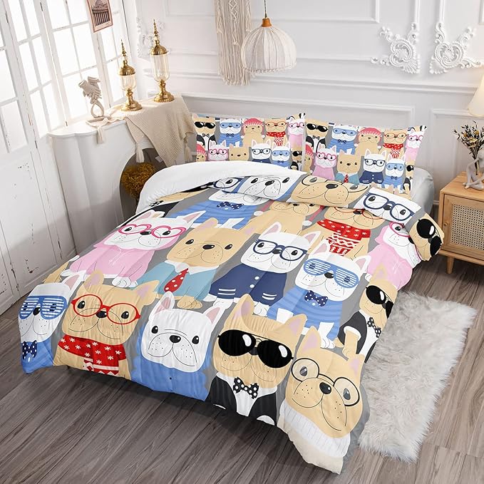 Comforter Bedding Set for Kids - Puppy Pug Cute Dog Pattern Cartoon Pet Design With 1 Comforter and 2 Pillowcases (Queen)